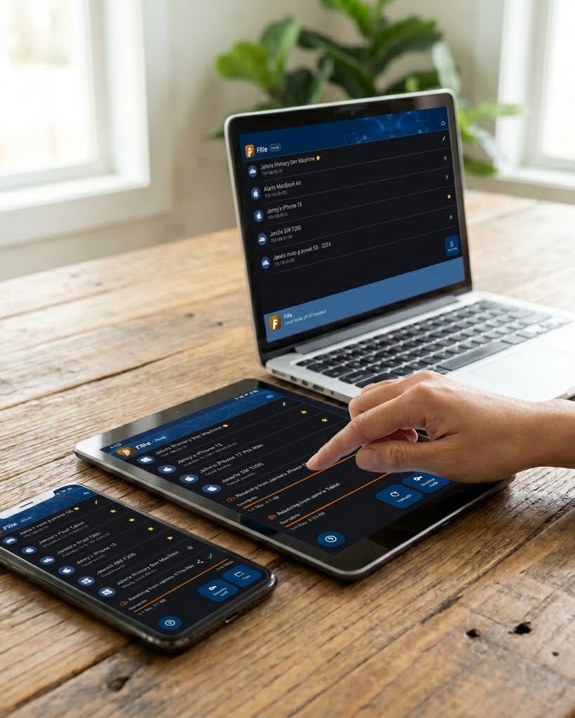 Filie running on a laptop, tablet, and phone together