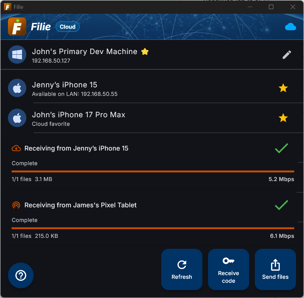 The Filie app on Windows, showing nearby devices and two completed incoming transfers